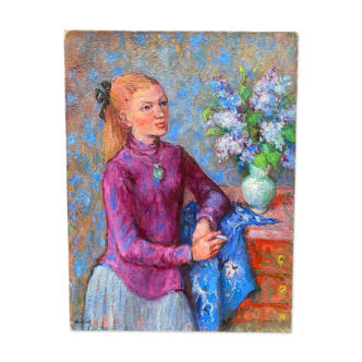 Jeune femme au bouquet de fleurs huile sur toile par Pierre Monteret XXe