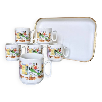 Vintage porcelain coffee cups + serving tray - tableware seventies 1970