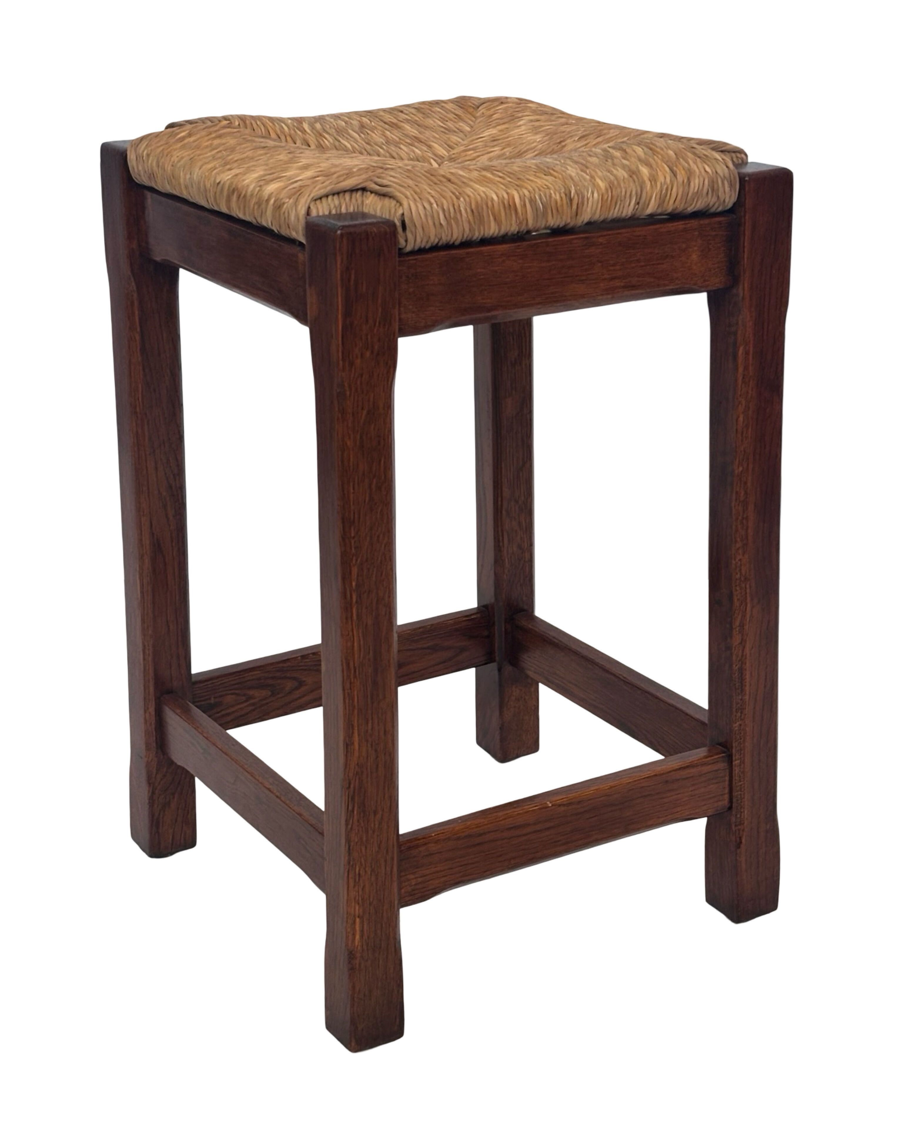 Vintage rattan stool with oak, 60s wabi sabi design, minimalist
