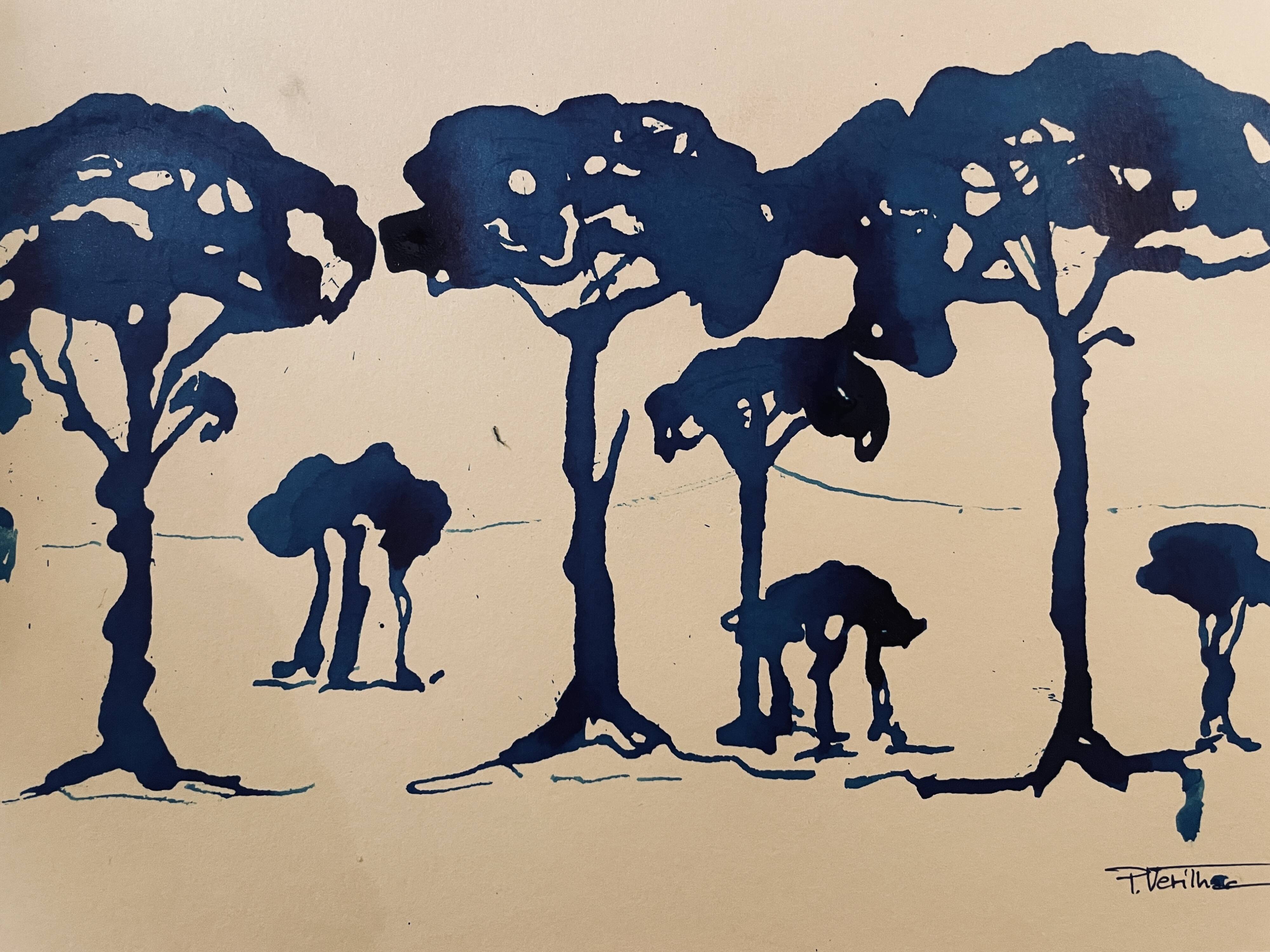 Painting, monochrome watercolor "Twilight over the Pine Forest" Provence, signed
