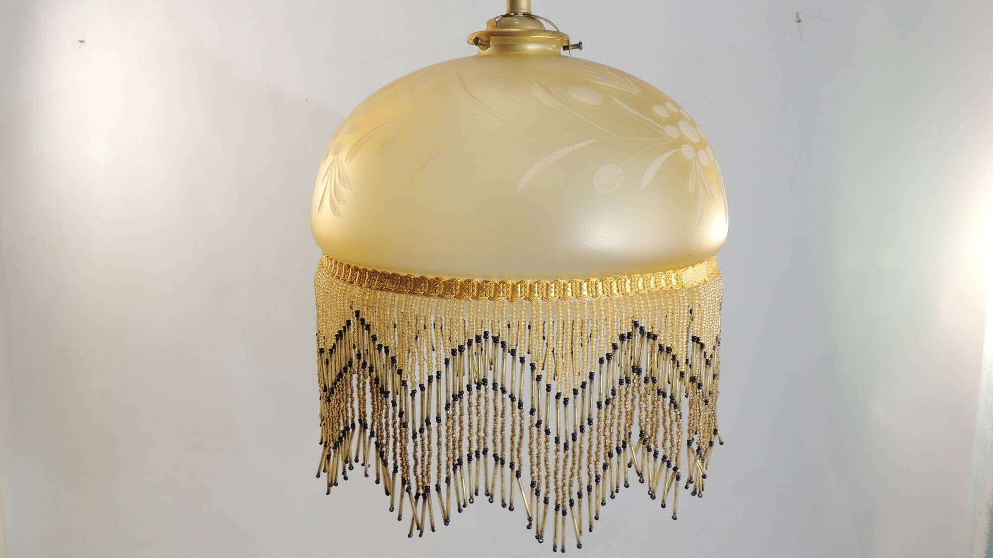 Vintage frosted glass pendant light with beaded fringes - Art Deco lamp