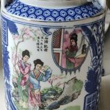 Japanese fine porcelain teapot, Geisha/cherry blossom patterns, Bamboo imitation handle