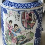 Japanese fine porcelain teapot, Geisha/cherry blossom patterns, Bamboo imitation handle