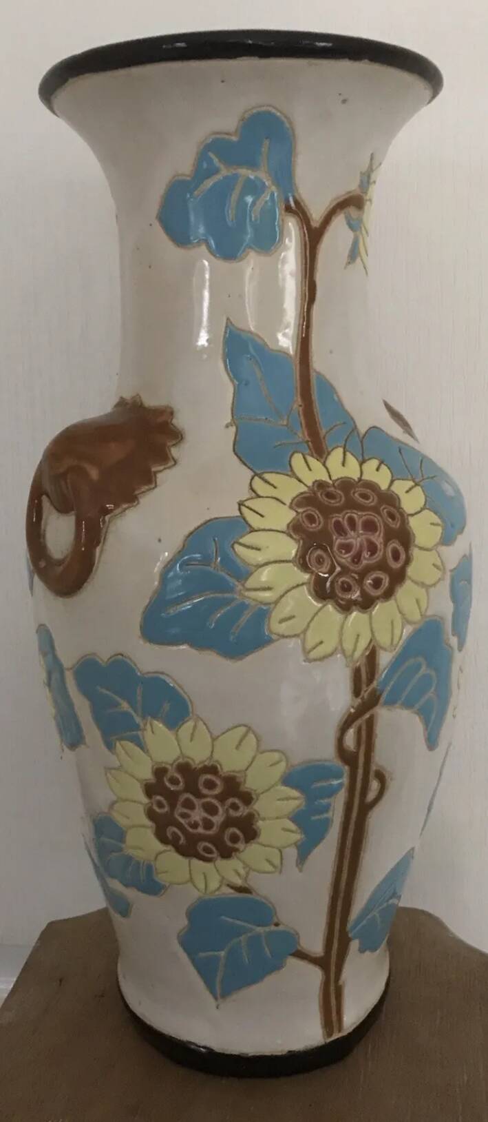 Glazed ceramic vase with polychrome decoration of sunflower flowers 36 cm