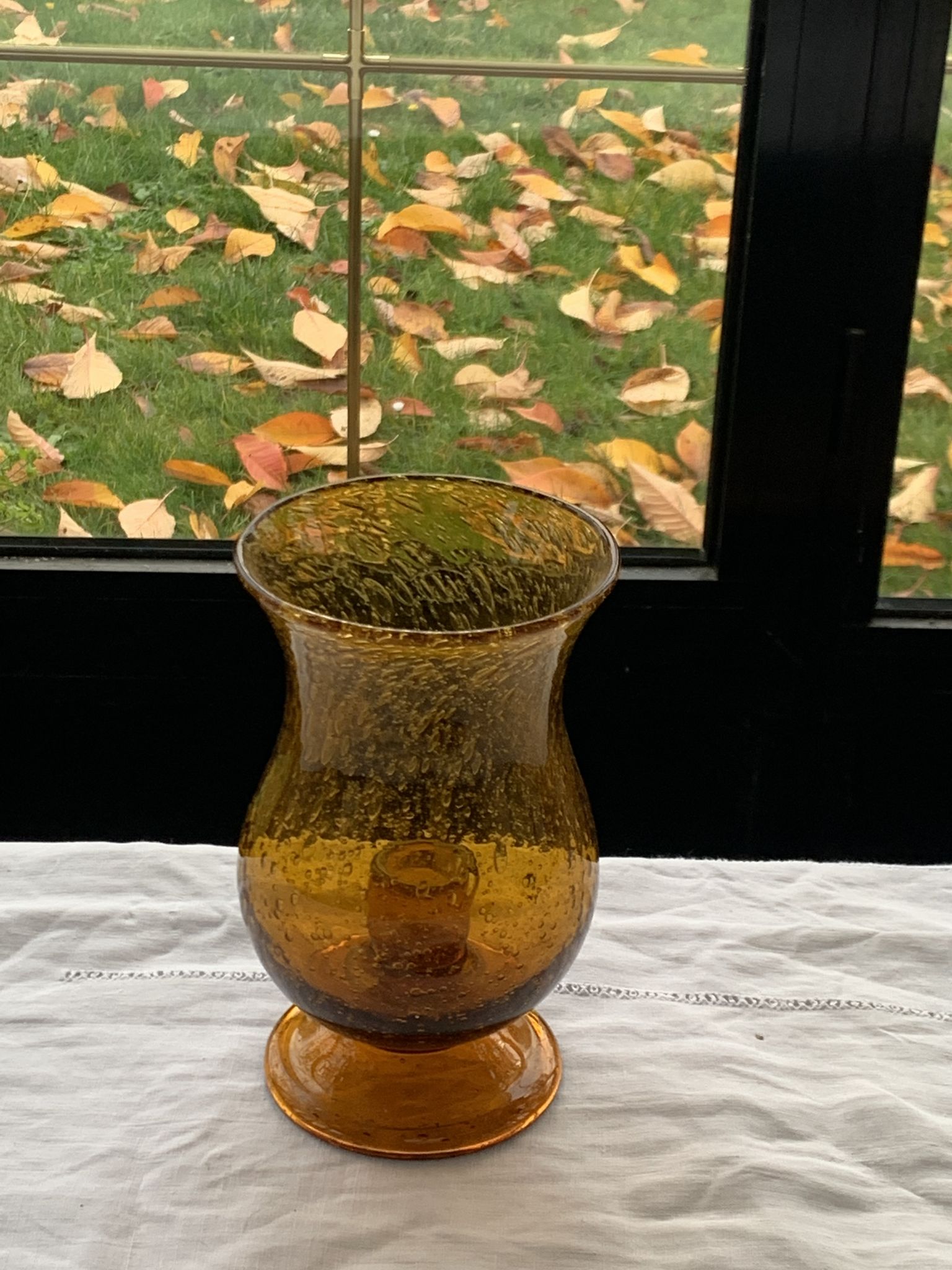Photophore in bubble glass and hand-blown golden yellow signed vintage biot
