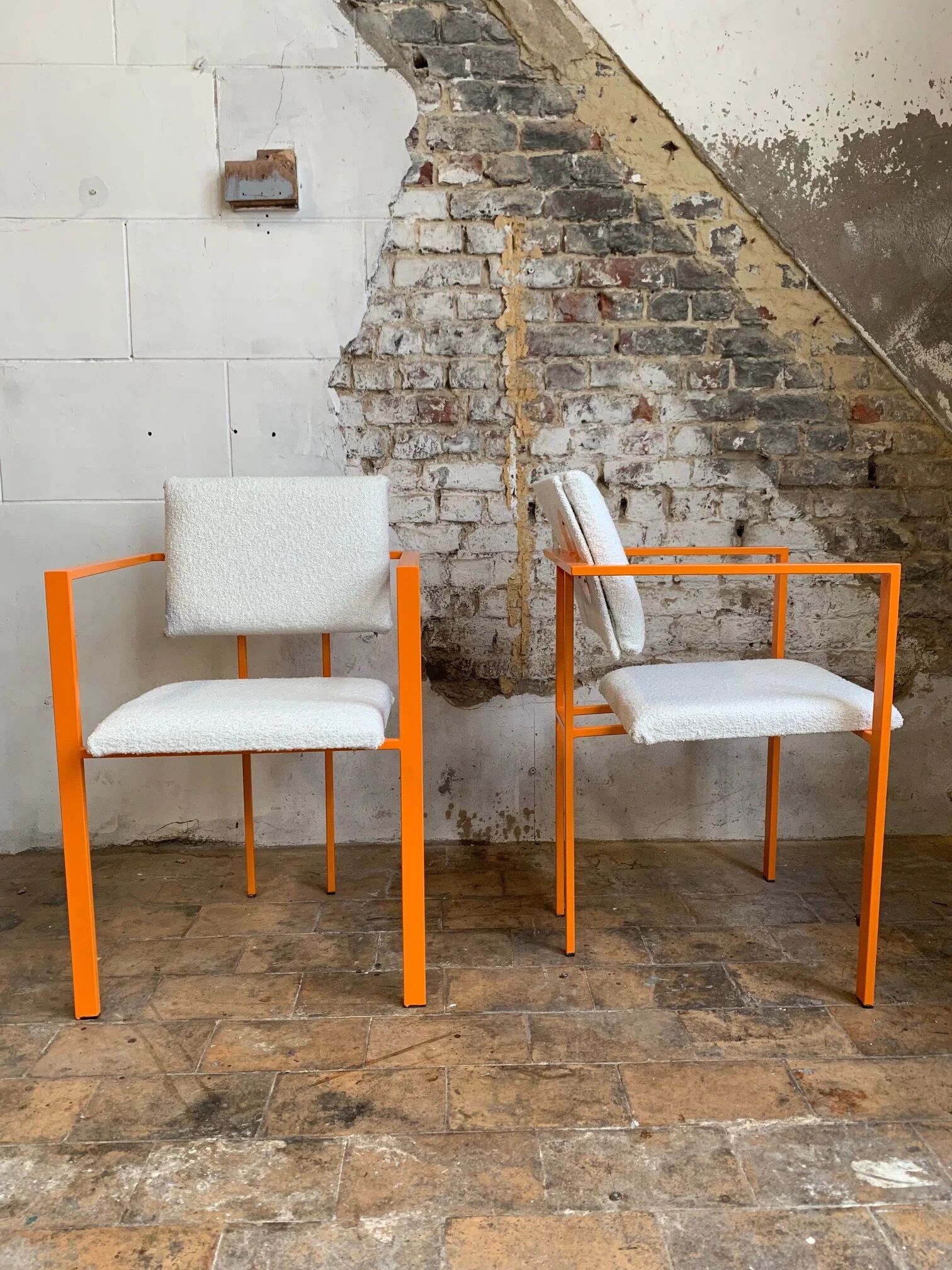 Postmodern orange armchair with bouclé wool fabric, 20th century