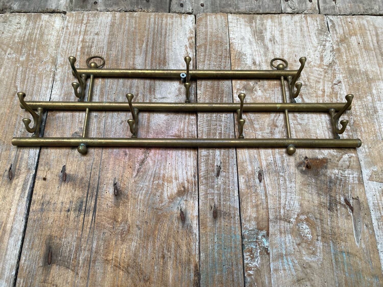 Vintage Wall Coat Rack Brass 7 Foldable Hooks #D748
