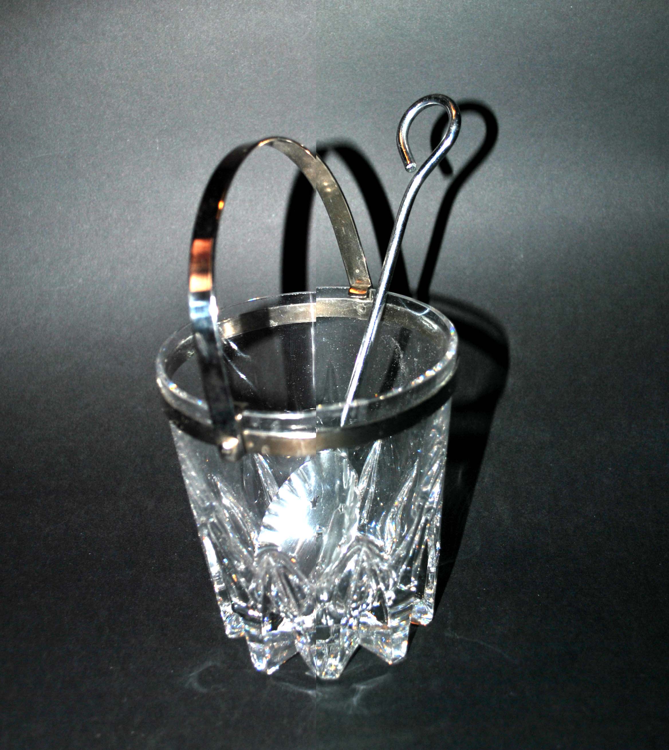 Vintage molded glass ice bucket and chrome ice cube spoon