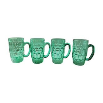 Suite of 4 vintage mugs in green glass