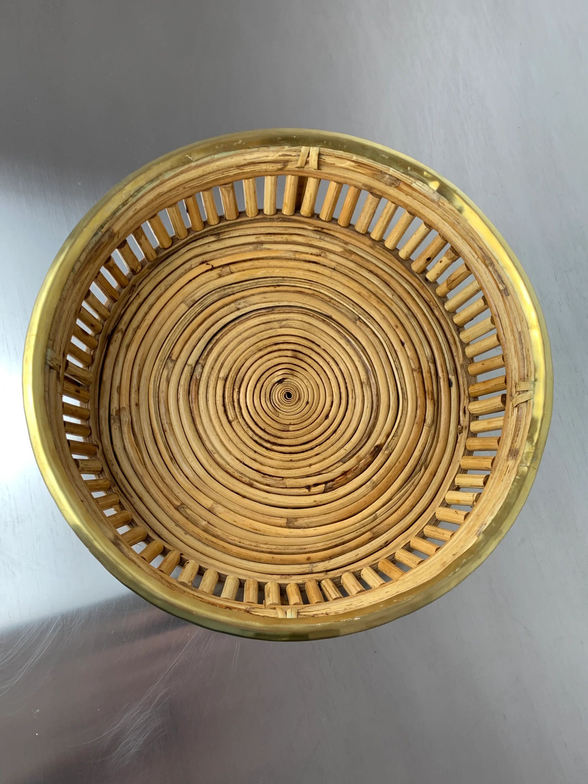Circular rattan and brass basket, Italy, 1970