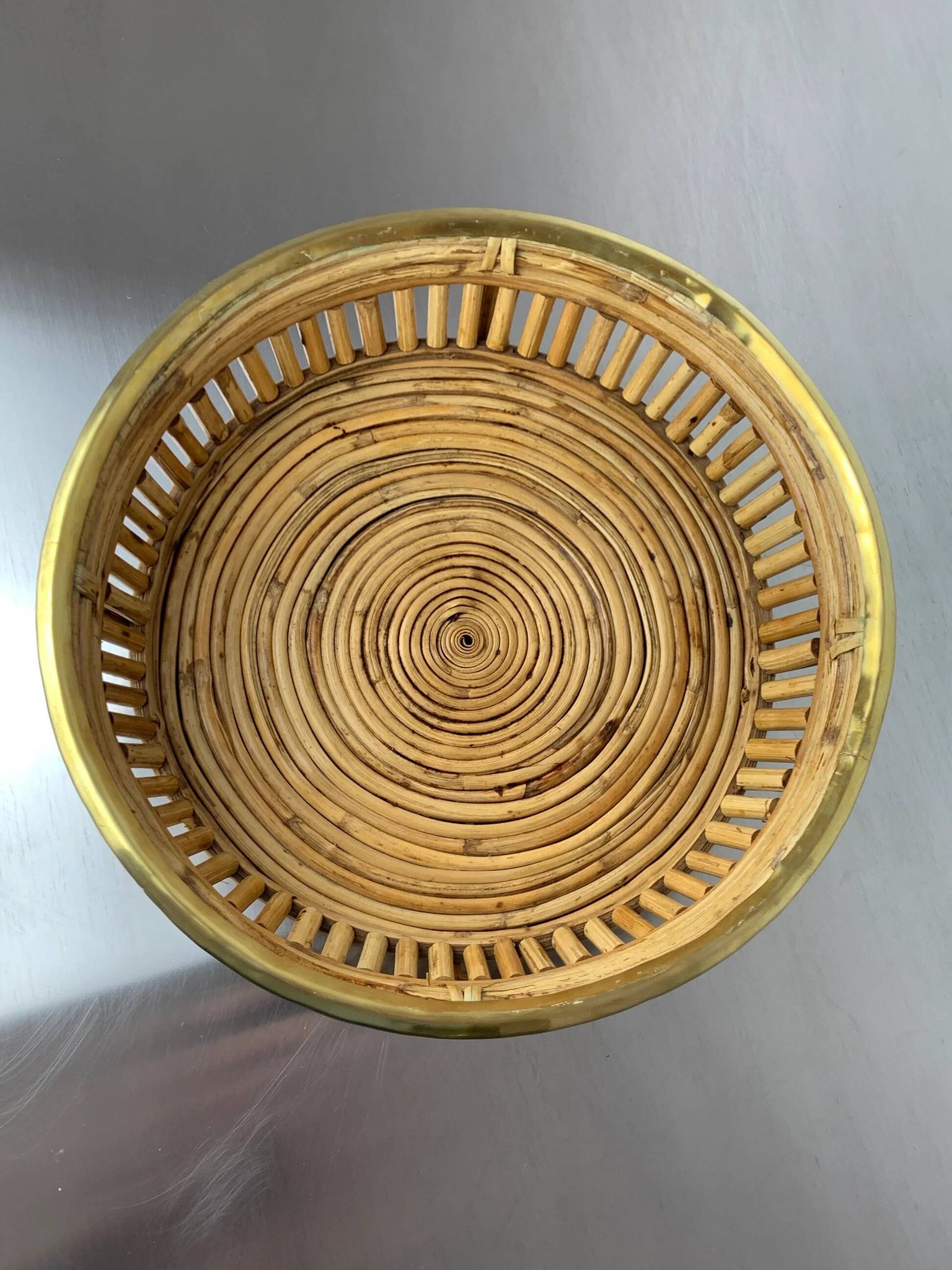 Circular rattan and brass basket, Italy, 1970