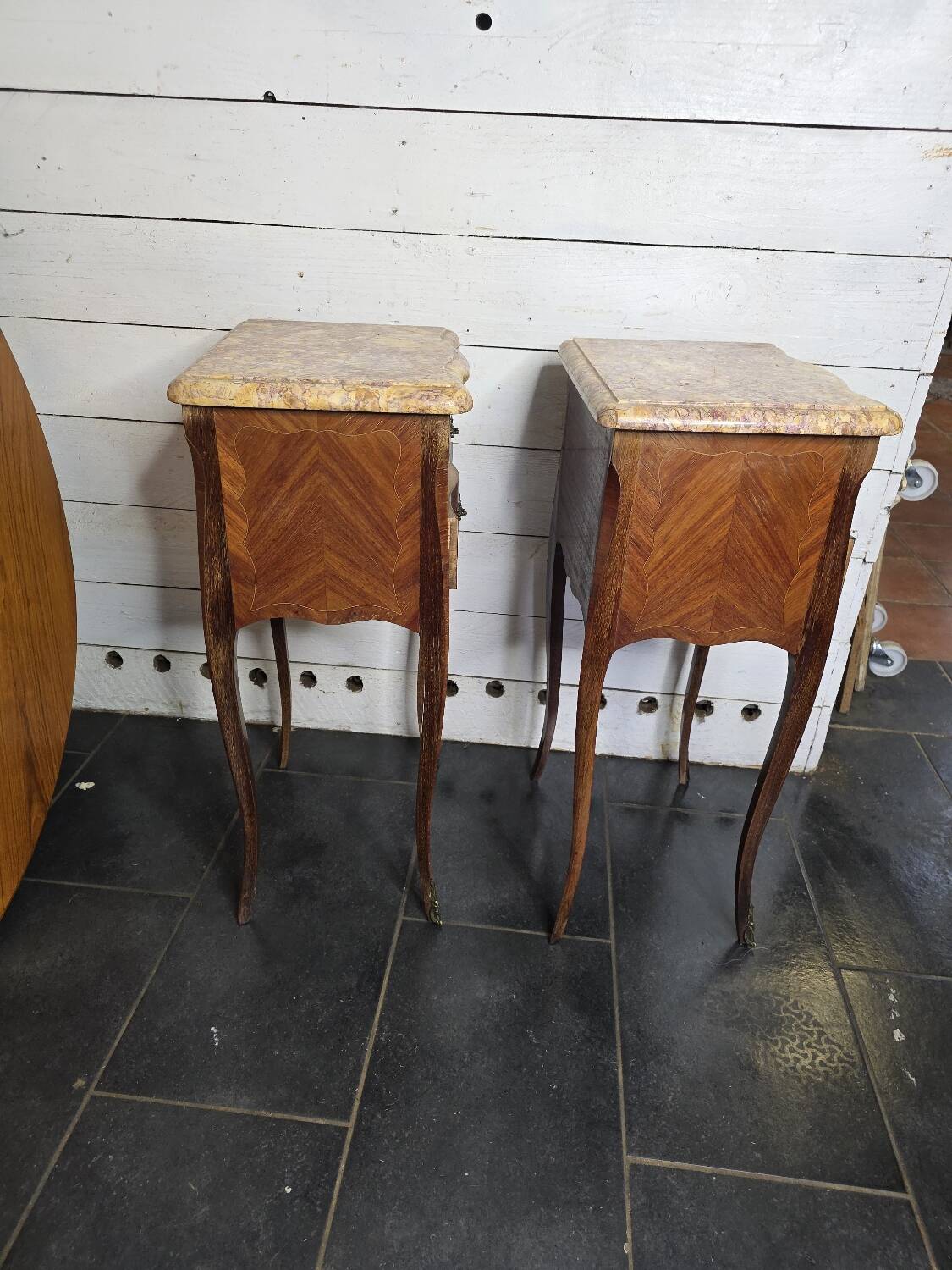 Pair of Louis XV style curved bedside tables in marquetry