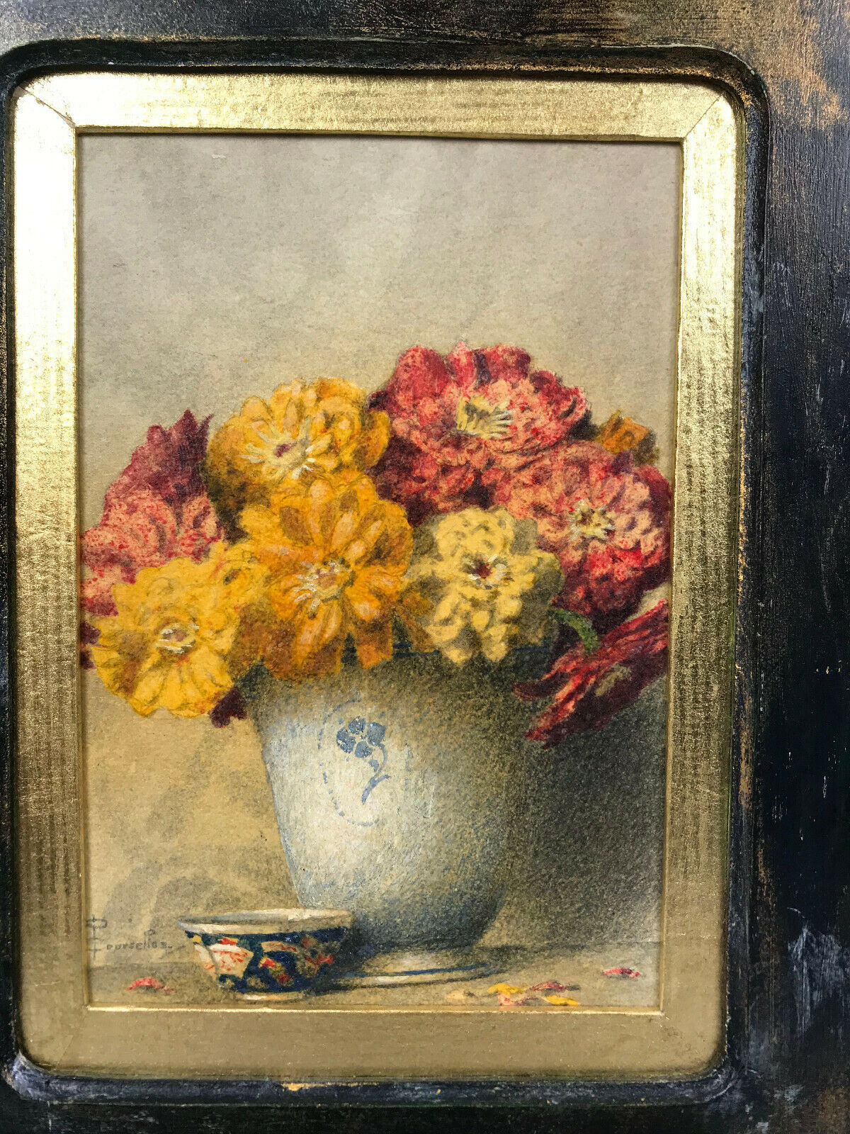 Watercolor decorated with dahlias by Pascal Courcelles 1956