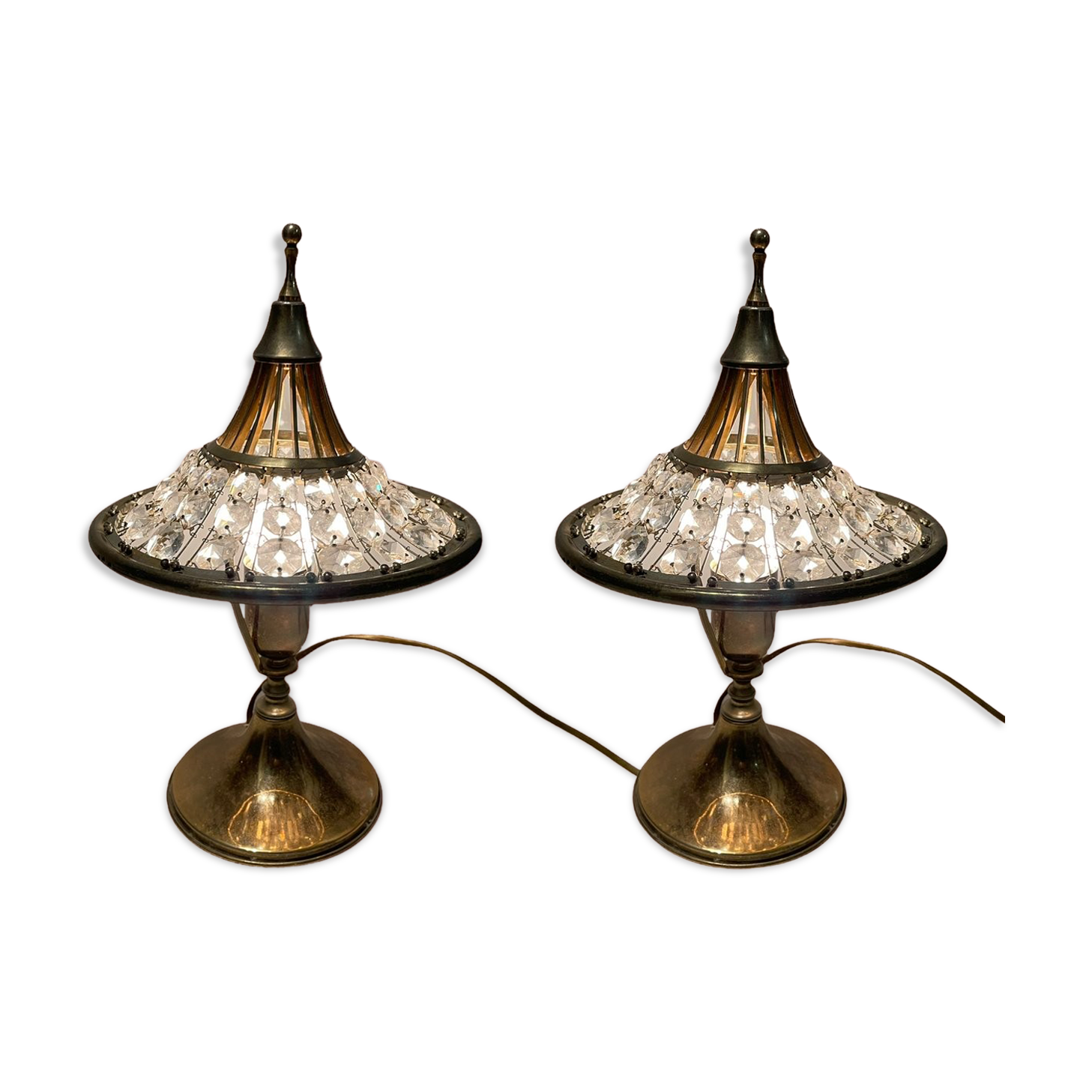 Vintage Crystal Brass Table Lamps, 1960s, Set of 2
