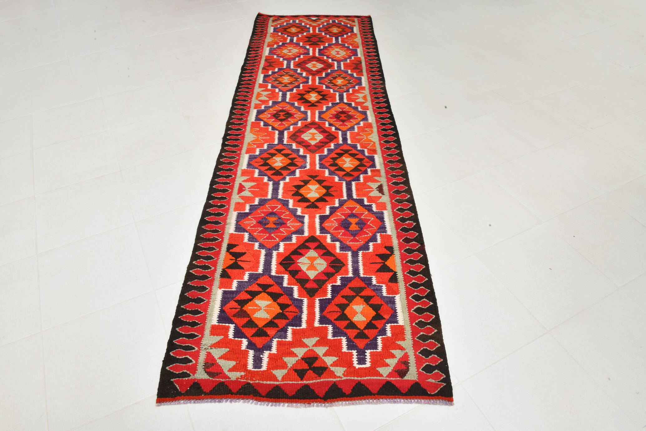 Vintage Orange & Blue Tribal Kilim Runner Rug, 95x320Cm