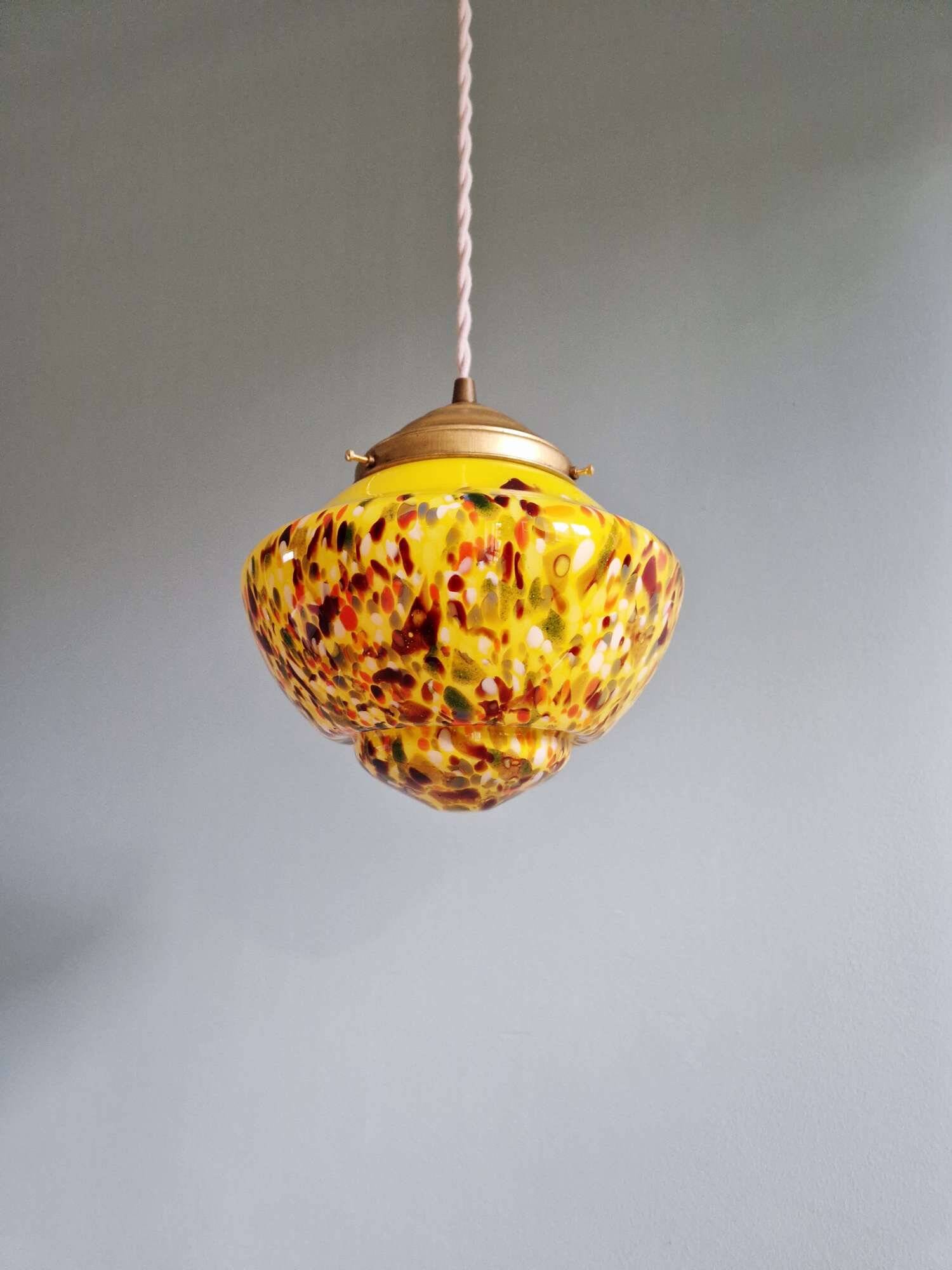 Suspension art déco en verre moucheté multicolore, années 1930