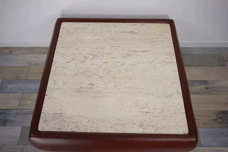 Vintage square travertine and leather coffee table