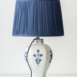 Pair of Royal Delft blue and white ceramic table lamps, 1905, with new pleated silk shades.