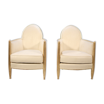 Pair of French Art Deco Armchairs in Parcel Gilt wood
