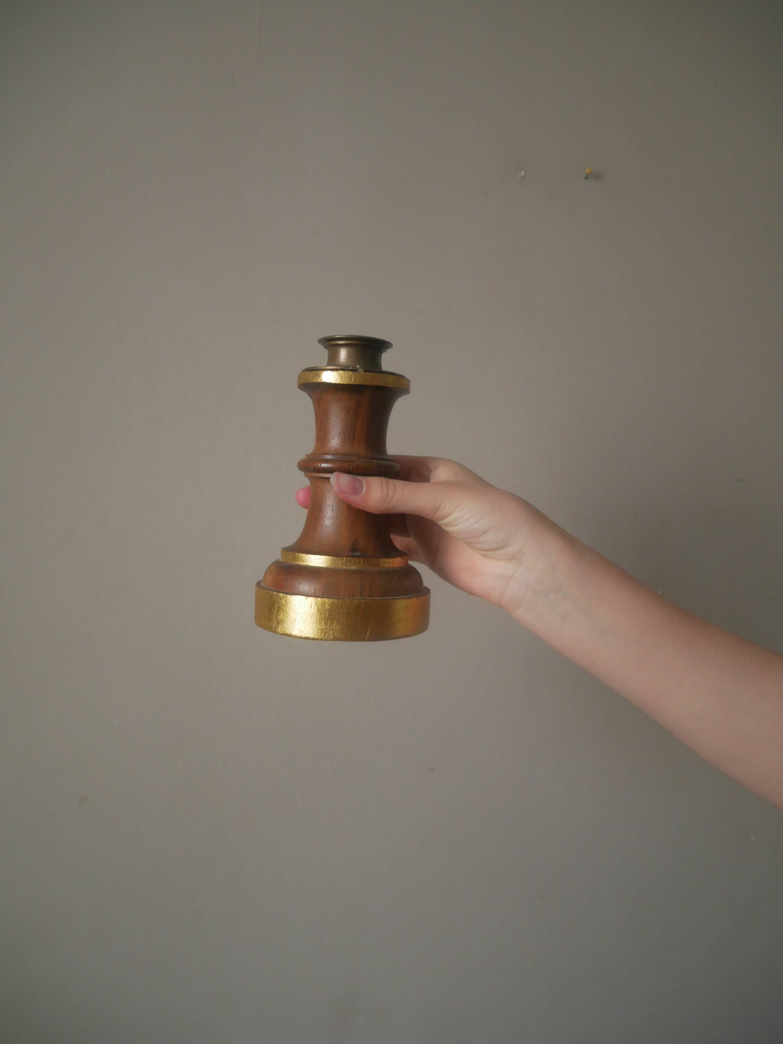 Pair of candlesticks candlesticks wood metal golden brass country decoration handcrafted
