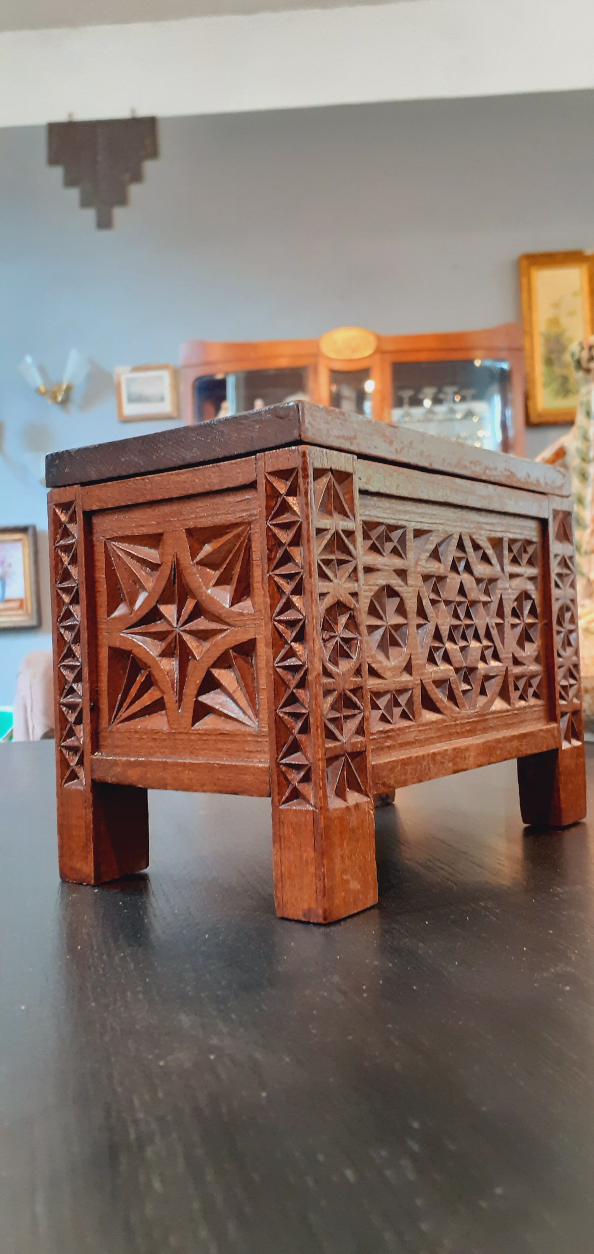 Vintage wooden box year 50 in carved wood