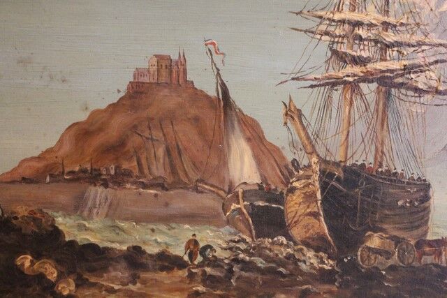 Large oil painting on canvas marine late 19th "the berthing of the sailboat"