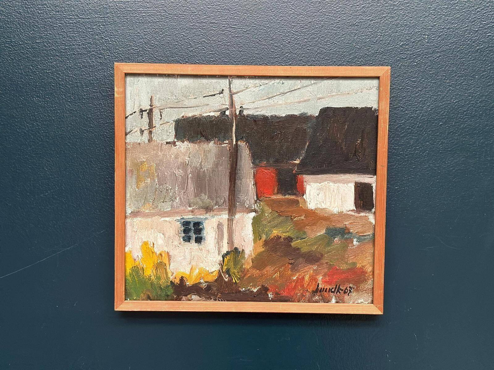 huile sur toile suédoise du milieu du siècle – « Parmi les maisons » par Karl Bertil Lundh – 1967 – Vintage et encadrée