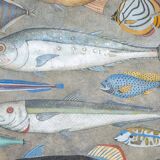 Painted canvas representing a board of fish. Contemporary work.