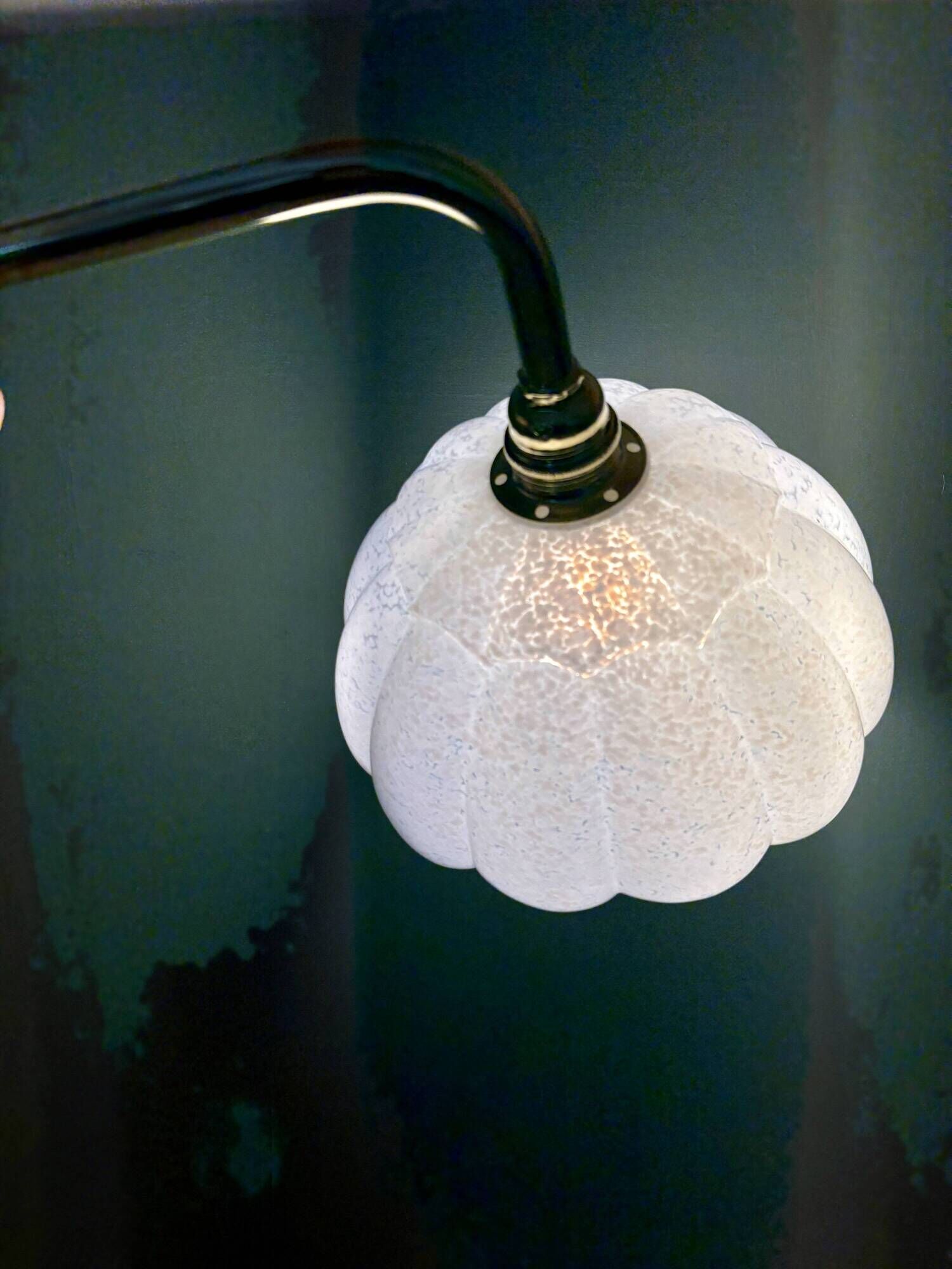 Vintage glass wall light with a curved arm from Clichy, white.