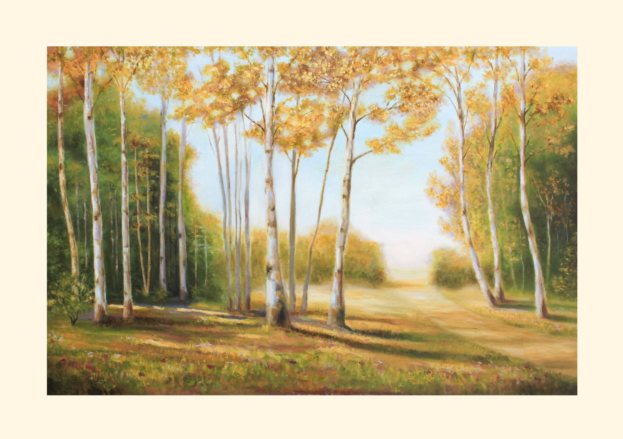 Cuadro con paisaje de álamos pintado al oleo sobre lienzo. Oil painting