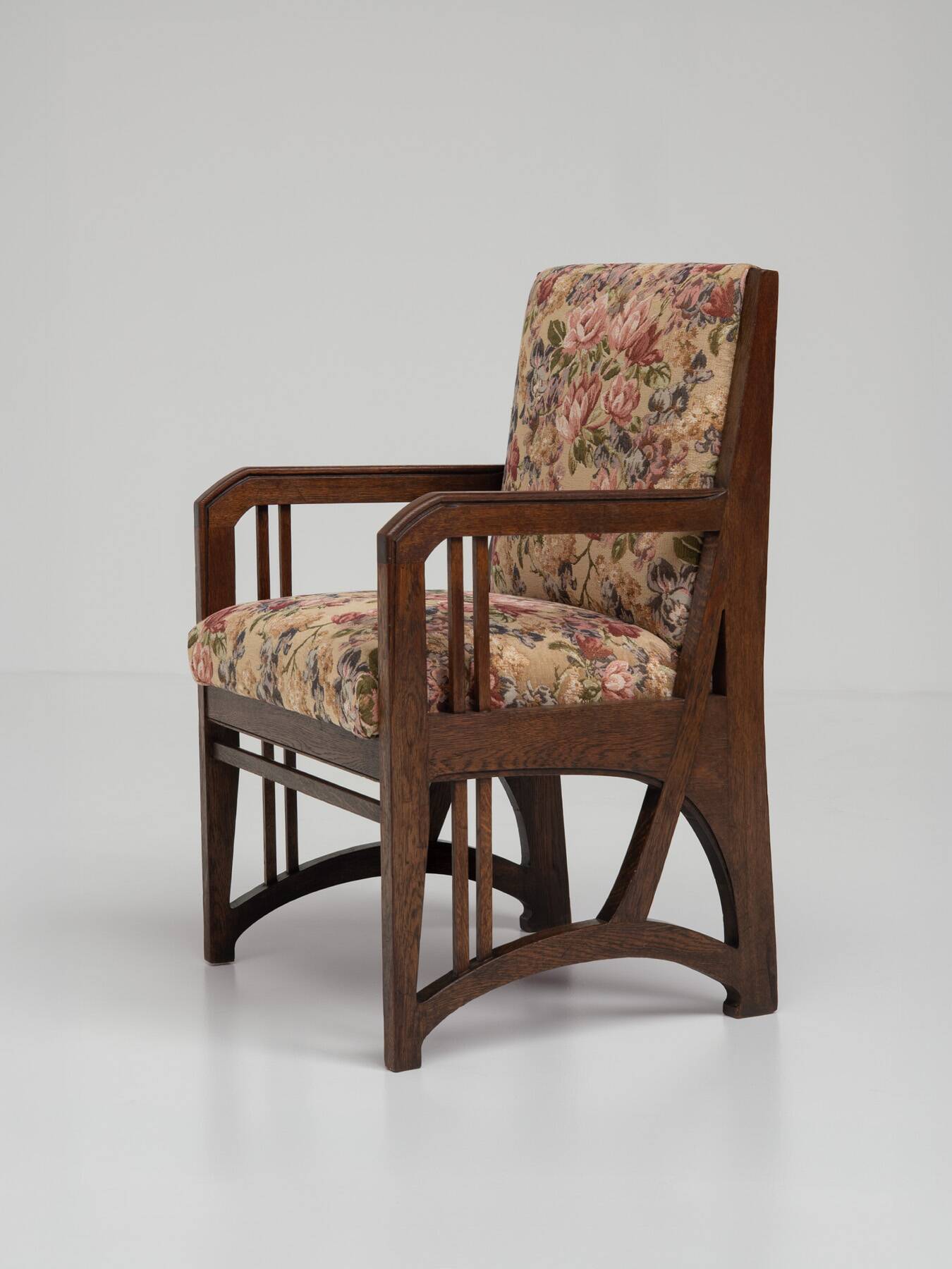 Art Nouveau Armchair in Oak with Floral Upholstery, Belgium, 1900s