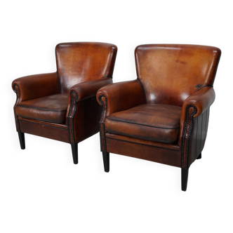 Fauteuil club vintage hollandais en cuir couleur cognac, lot de 2