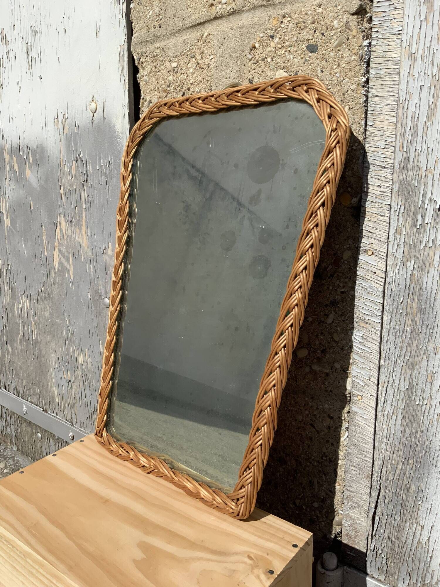 Antique mirror in rattan and wood shape mirror vintage braided wicker