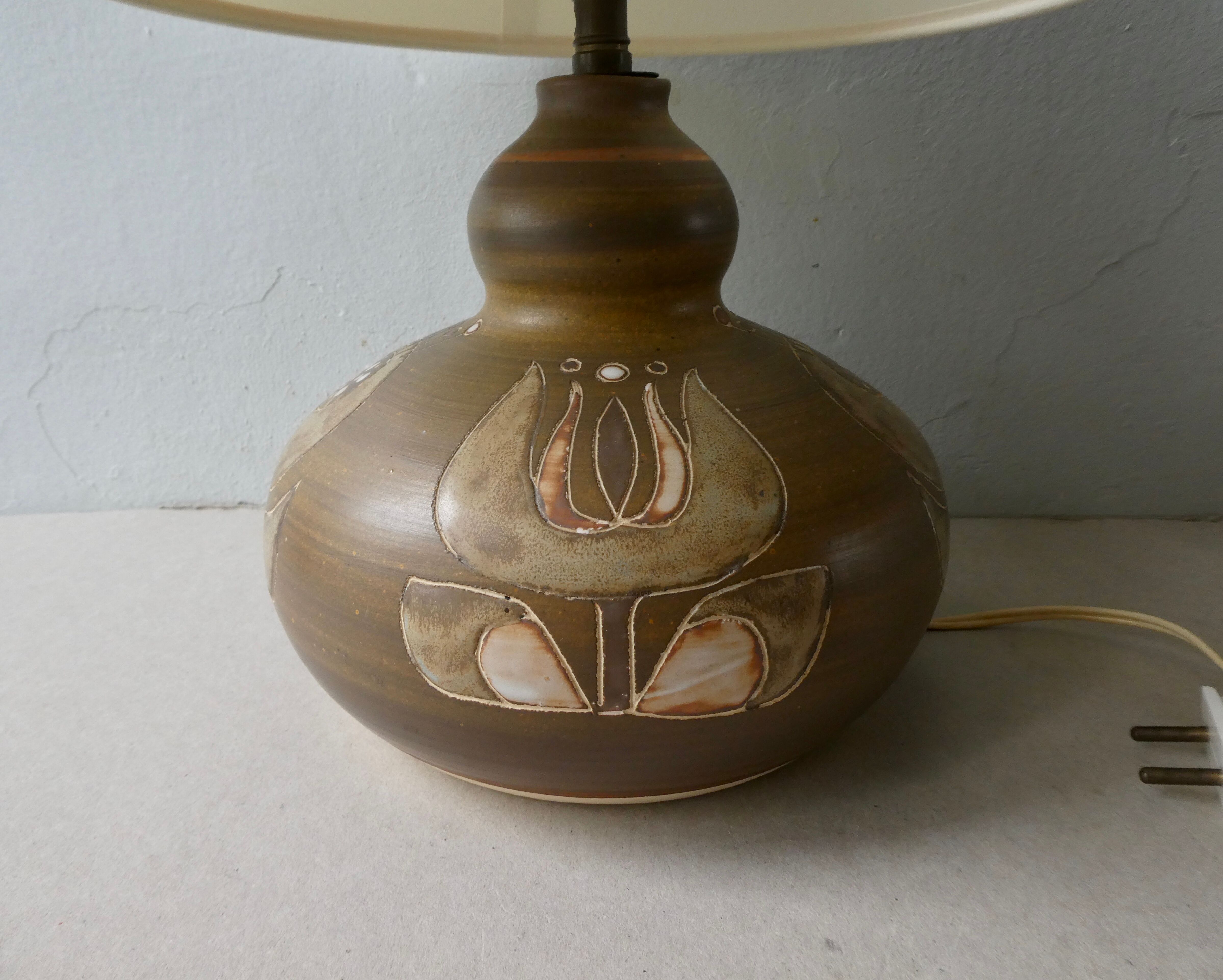 Ceramic lamp from the 60s, decoration flowers, Scandinavian, signed