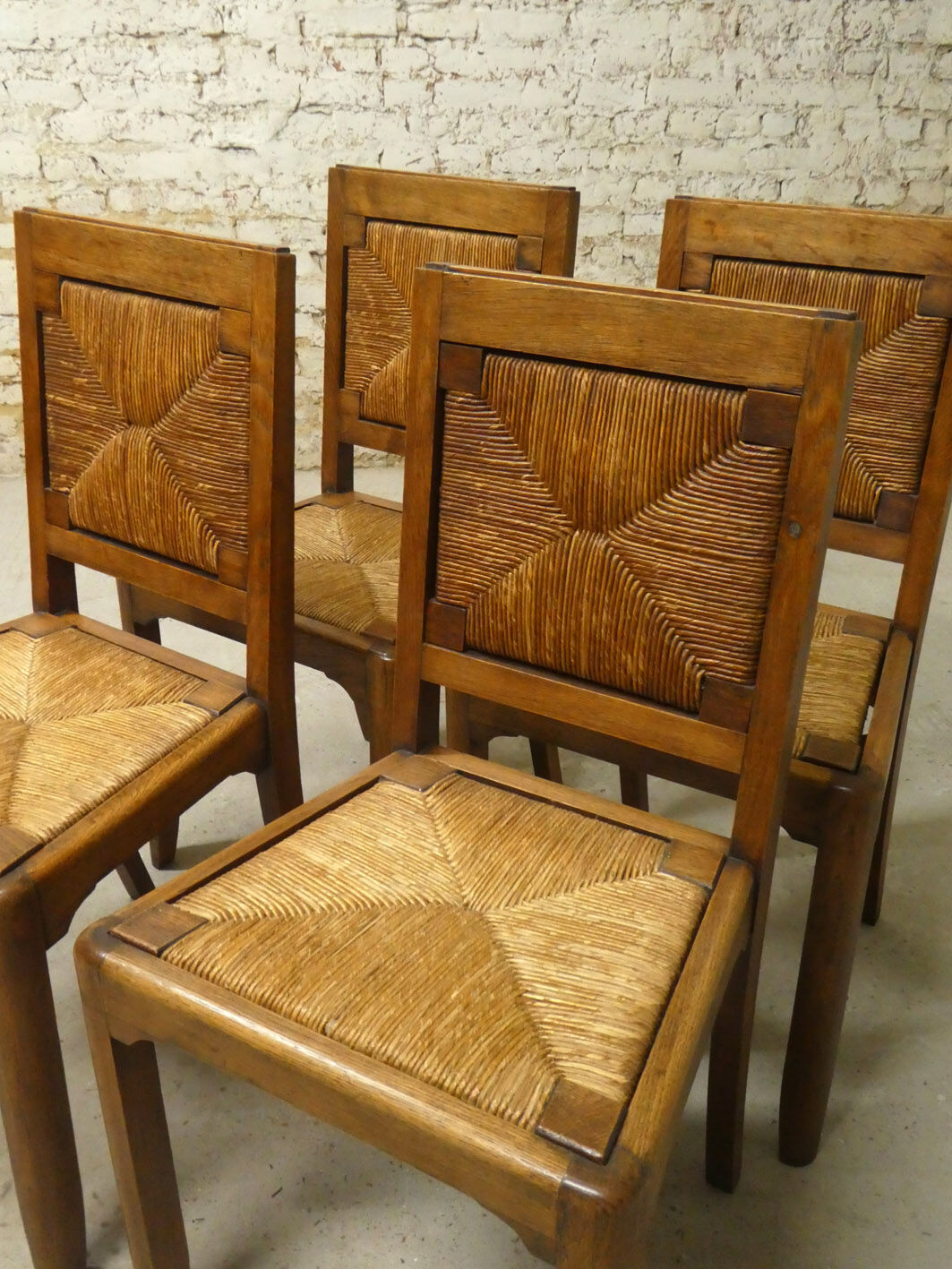 Set of 4 oak and straw chairs, 1950