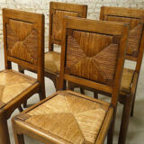 Set of 4 oak and straw chairs, 1950