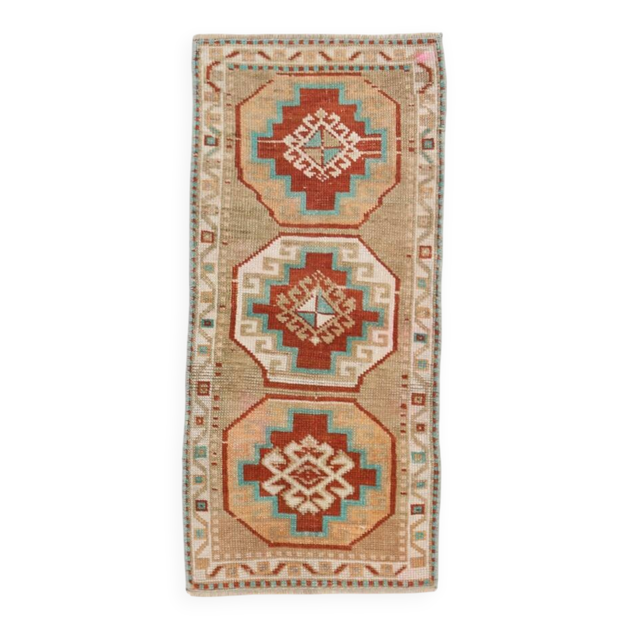 Beige & Red Small Size Vintage Wool Rug, Turkish Doormat Rug