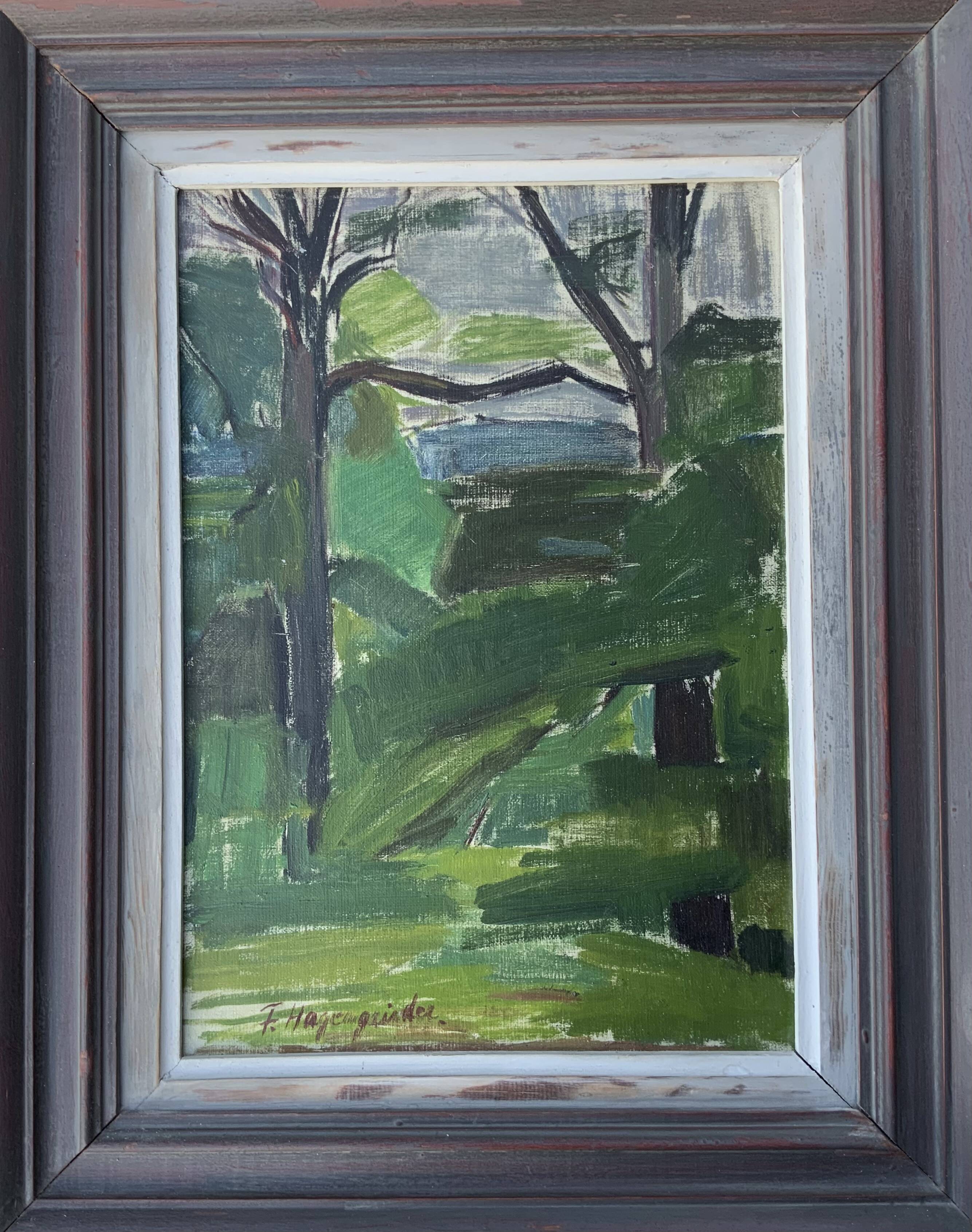 Vintage Modernists Landscape Oil on Canvas signed by F.H. 1950s