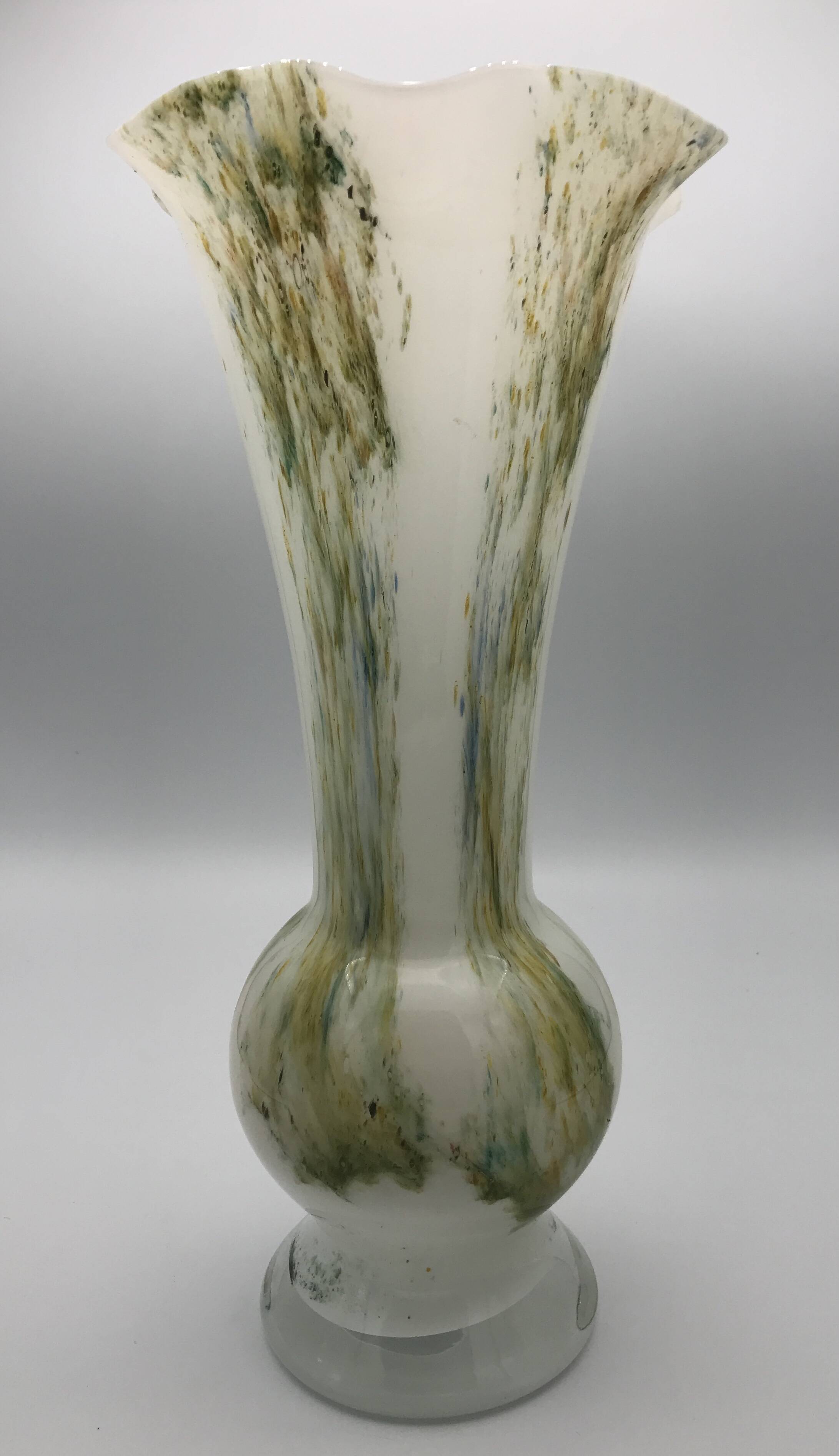 Vase in white opaline blown glass and green, yellow, blue polychrome shades