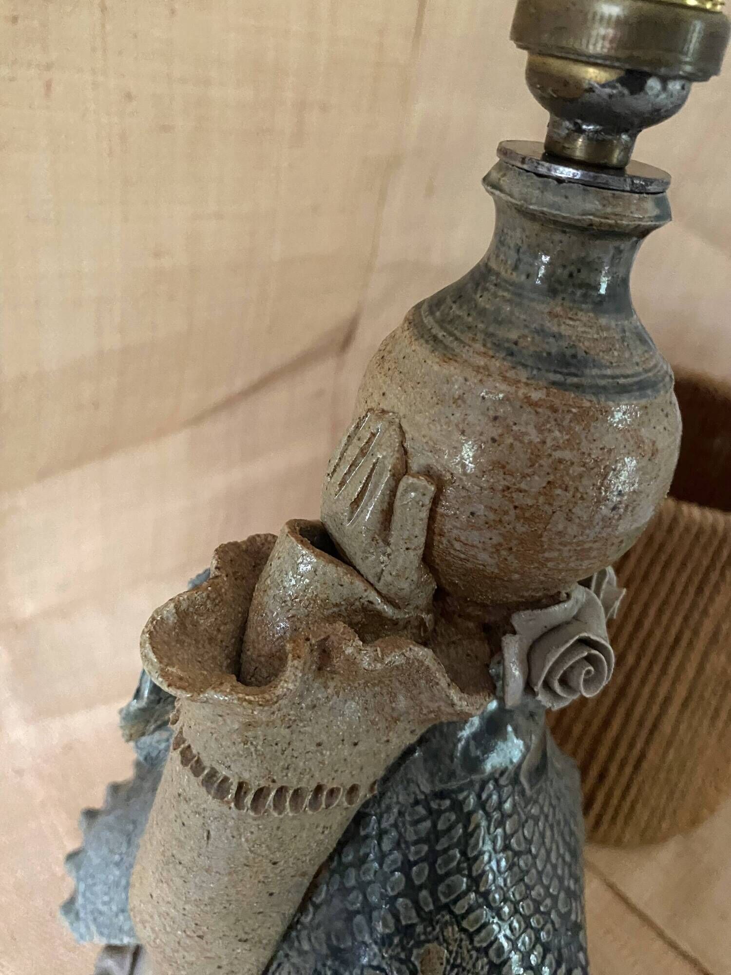 Lampe grès, câble tissu 2 M, abat-jour cordes  1960