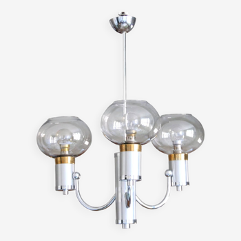 Chromed metal and brass chandelier with smoked glass globes 1970 stainless steel gray design lamp-6040