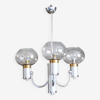 Lustre métal chromé et laiton globes en verre fumé 1970 gris inox design lamp-6040