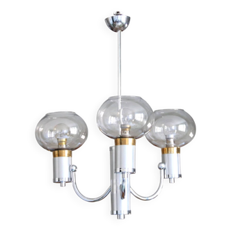 Lustre métal chromé et laiton globes en verre fumé 1970 gris inox design lamp-6040