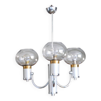 Chromed metal and brass chandelier with smoked glass globes 1970 stainless steel gray design lamp-6040