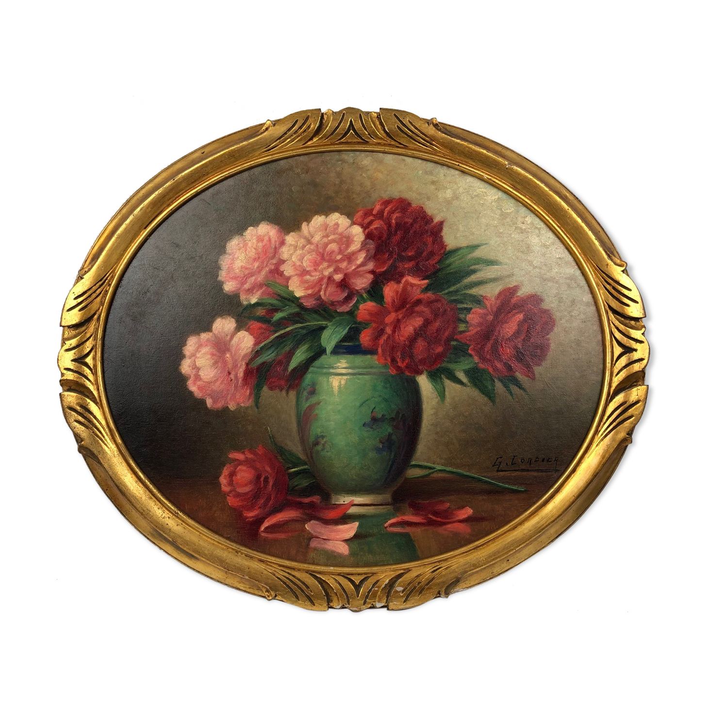 Oil on panel, "Bouquet of peonies" by G. Cordier, 20th