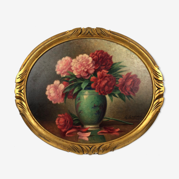 Oil on panel, "Bouquet of peonies" by G. Cordier, 20th