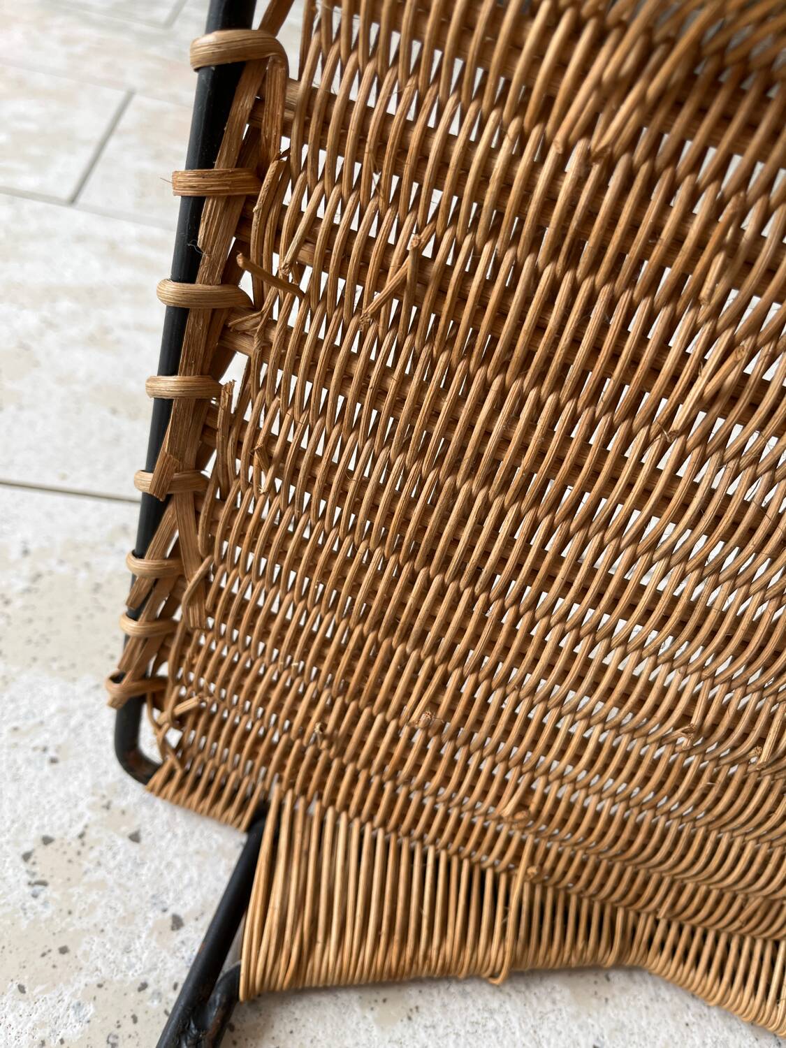 Vintage rattan and steel stool by Raoul Guys for Airborne, 1950s