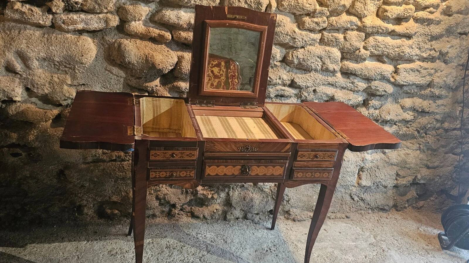 French marquetry dressing table, circa 1900, with adjustable mirror and storage.