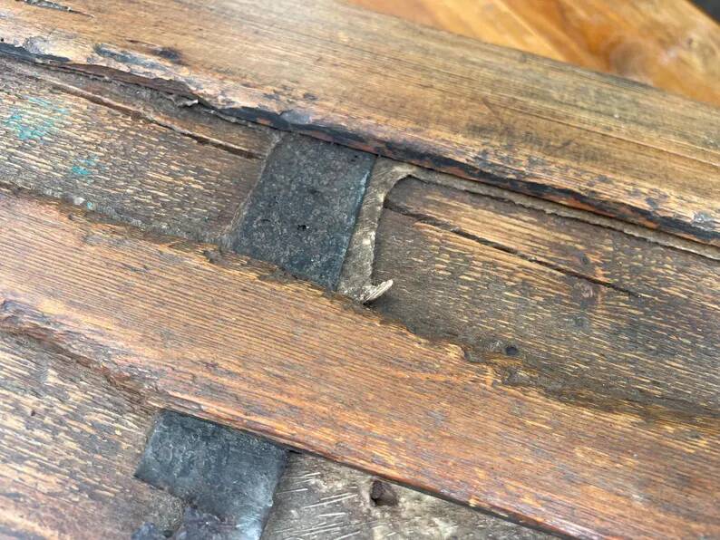 Antique French Wood Iron and Hide Handmade Wood Chest or Trunk