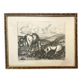 Horse engraving, 1950s, carved wooden frame with glass